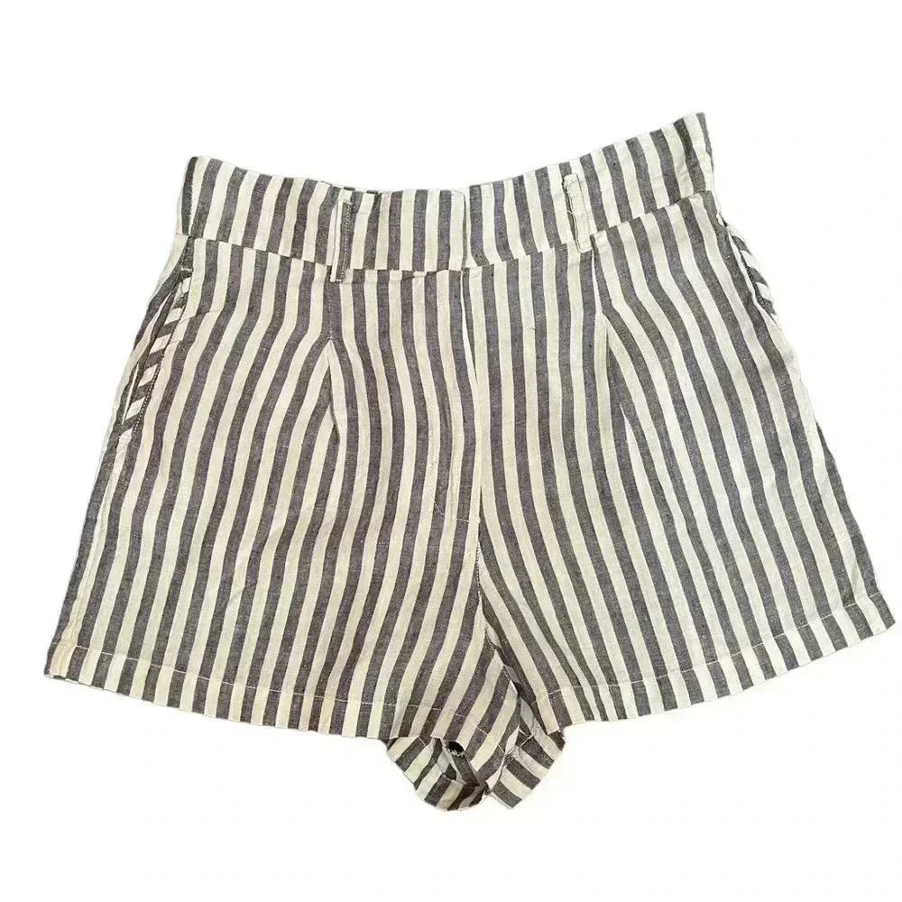Cynthia Rowley High Waisted 100% Linen Shorts White Blue Pleated Striped Size 12